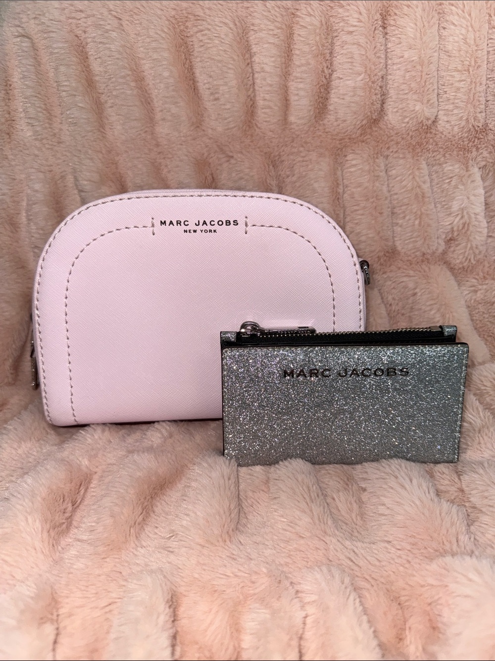 Marc Jacobs Pink Dome Cosmetic Pouch with Silver Glitter Card Holder